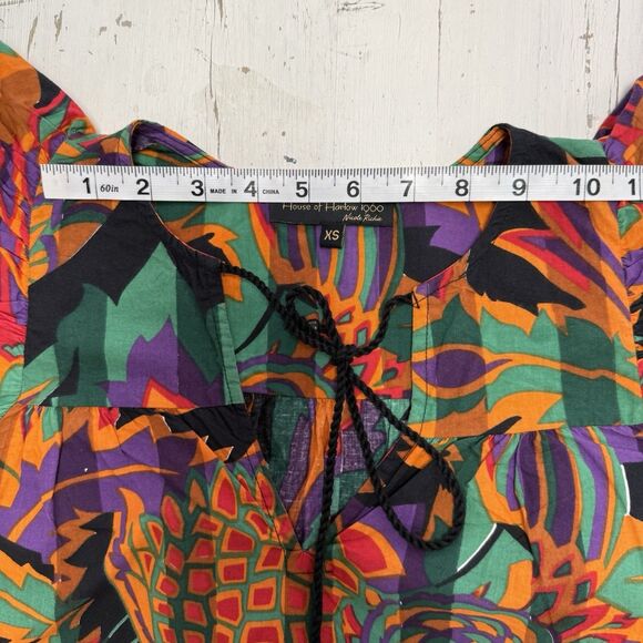 House of Harlow 1960 Top Blouse XS Vibrant Orange Green Ruffle Cap Sleeves - Picture 5 of 10